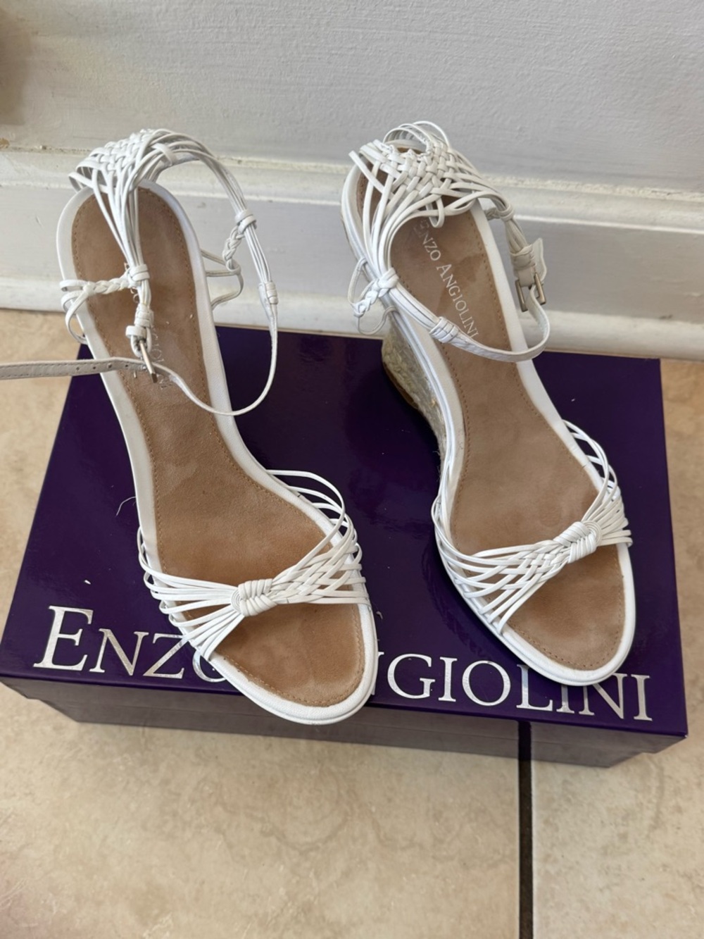 Enzo Angiolini White Woven Ankle-Strap Wedge Sandals